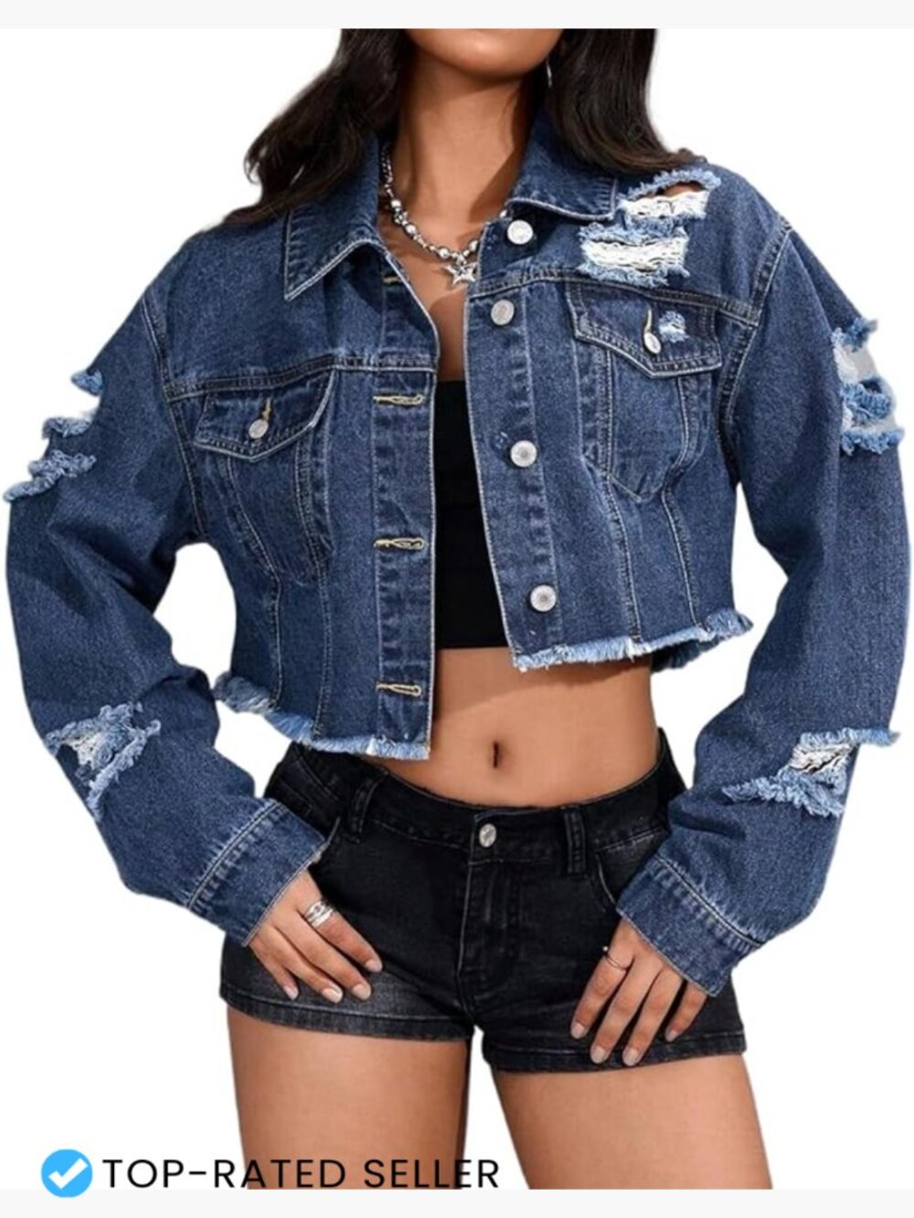 Ripped Cropped Denim Jacket Womens Long Sleeve Casual Chic Y2K Streetwear